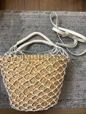 Talbots Woven Straw Bucket Bag with White Net Overlay New